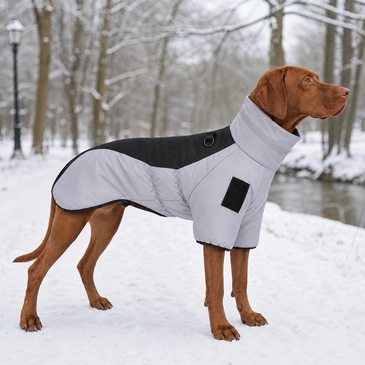 Cane nel parco innevato con cappotto invernale grigio e nero con pettorina