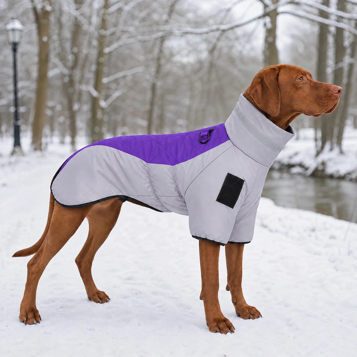 Cane nel parco innevato con cappotto invernale grigio e viola con pettorina