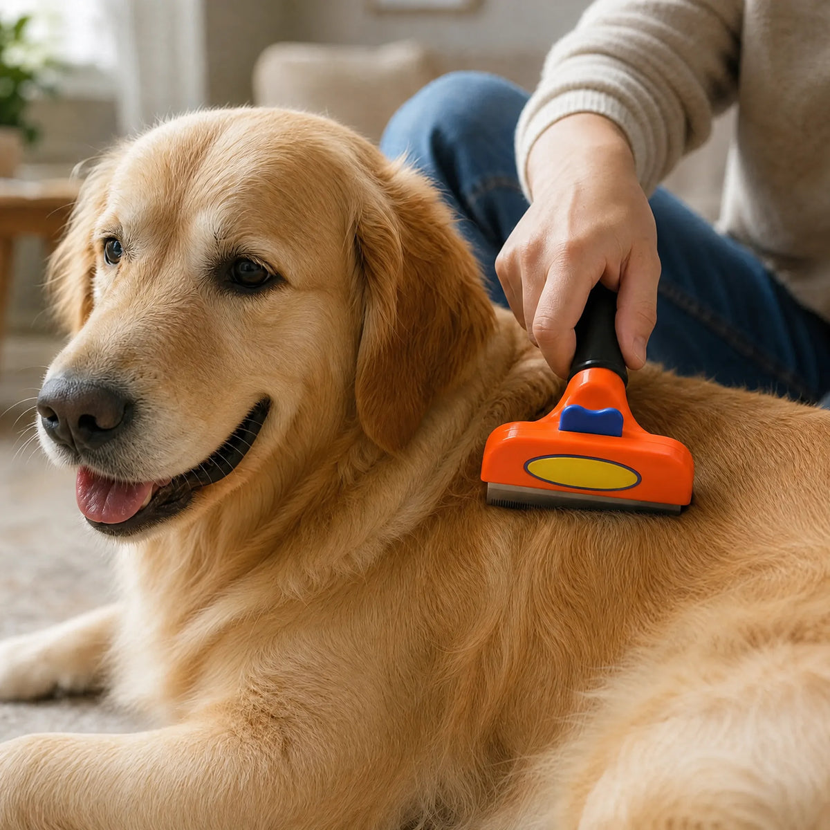 Cane spazzolato in salotto con il cardatore per pelo corto