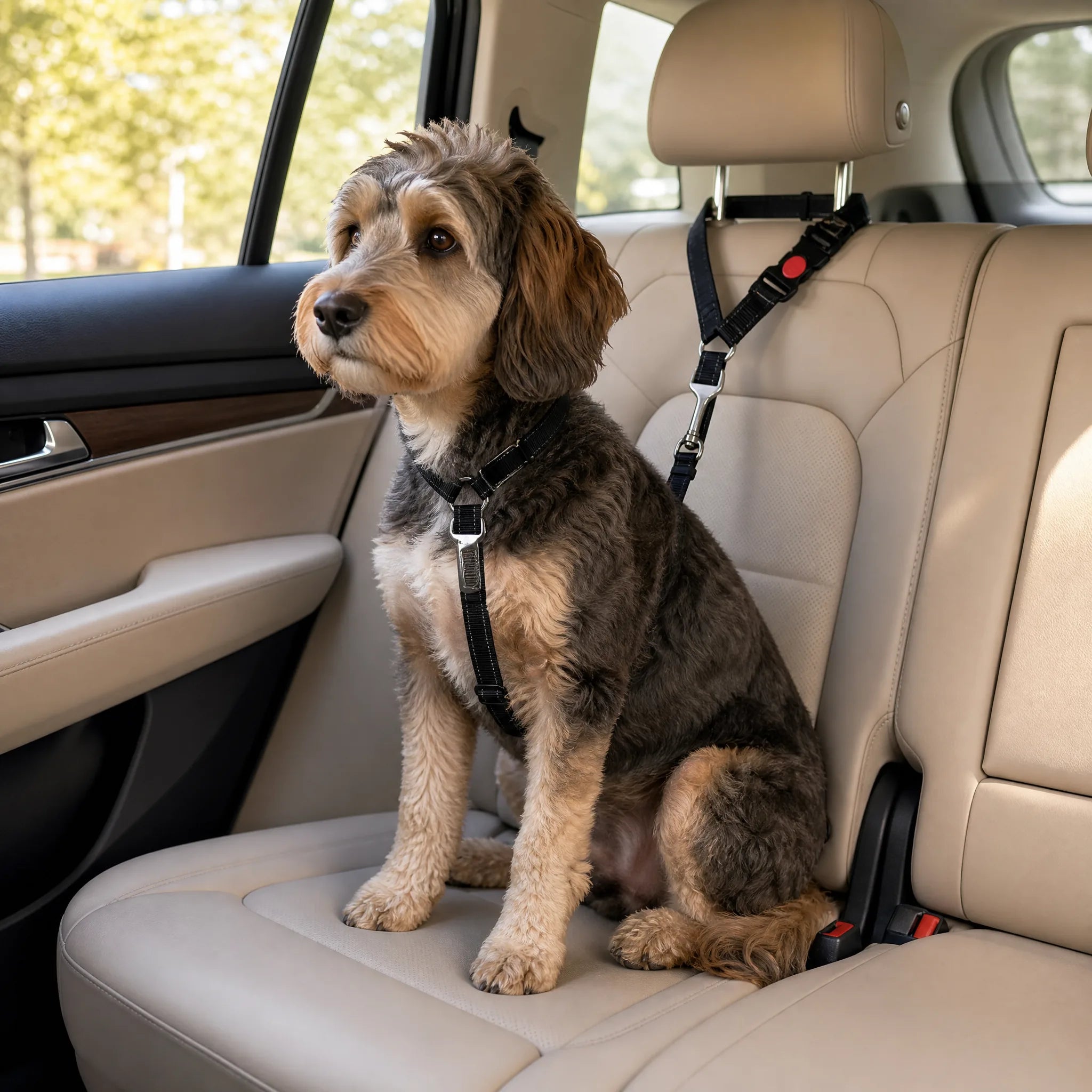 Cane seduto sul sedile posteriore dell'auto con la cintura di sicurezza agganciata al poggiatesta