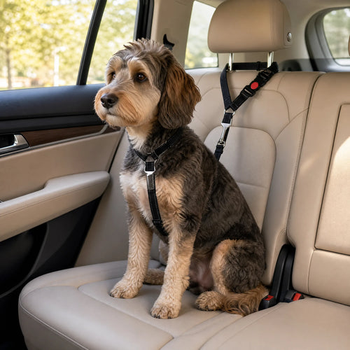 Cane seduto sul sedile posteriore dell'auto con la cintura di sicurezza agganciata al poggiatesta