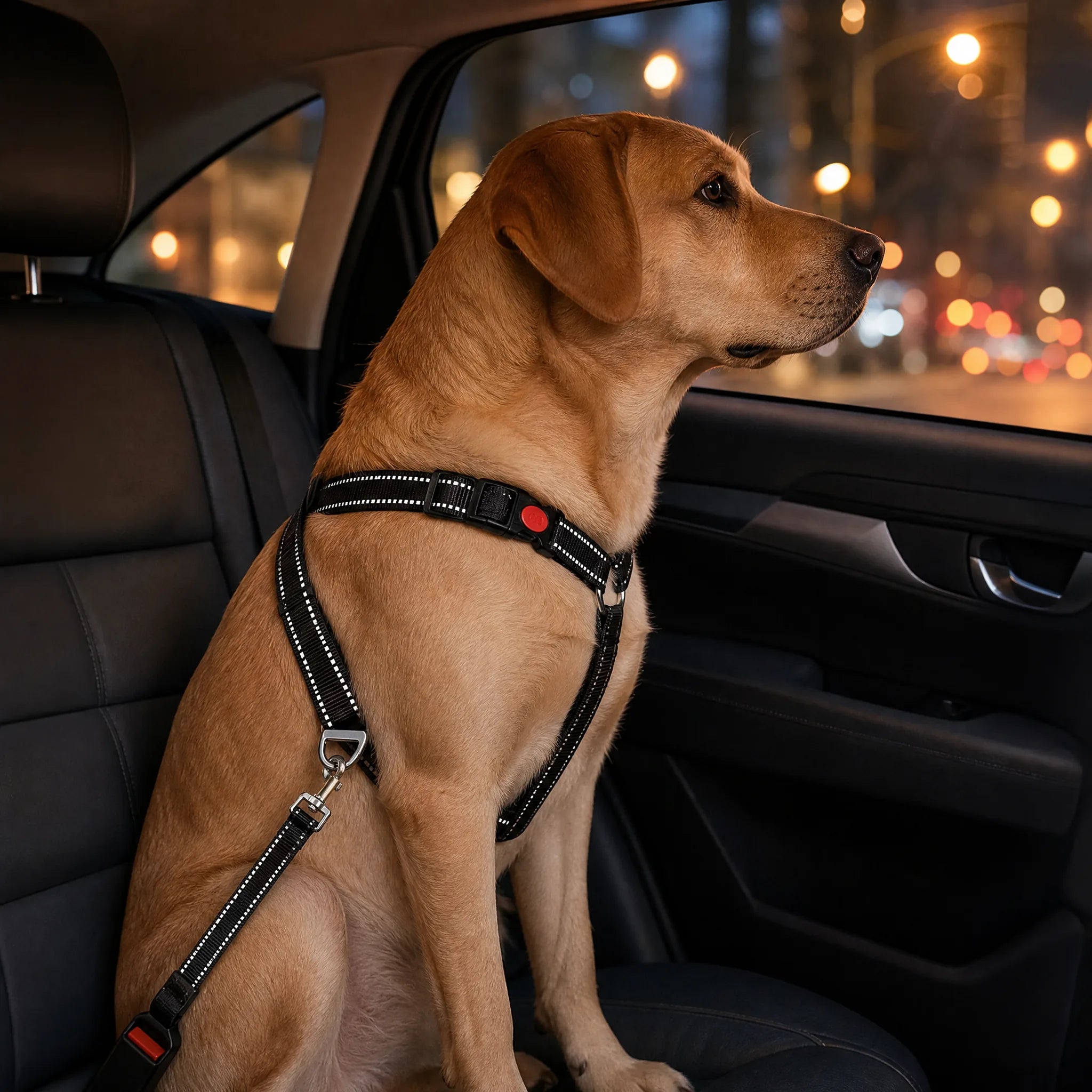 Cane seduto in auto la sera con la cintura di sicurezza a strisce riflettenti indossata