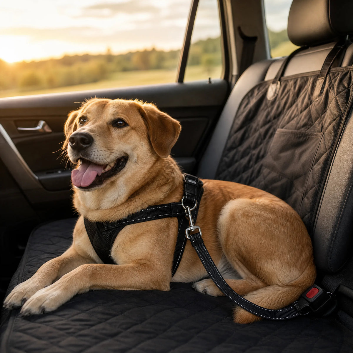 Cane sdraiato sul sedile auto durante un viaggio, assicurato con la cintura di sicurezza elastica
