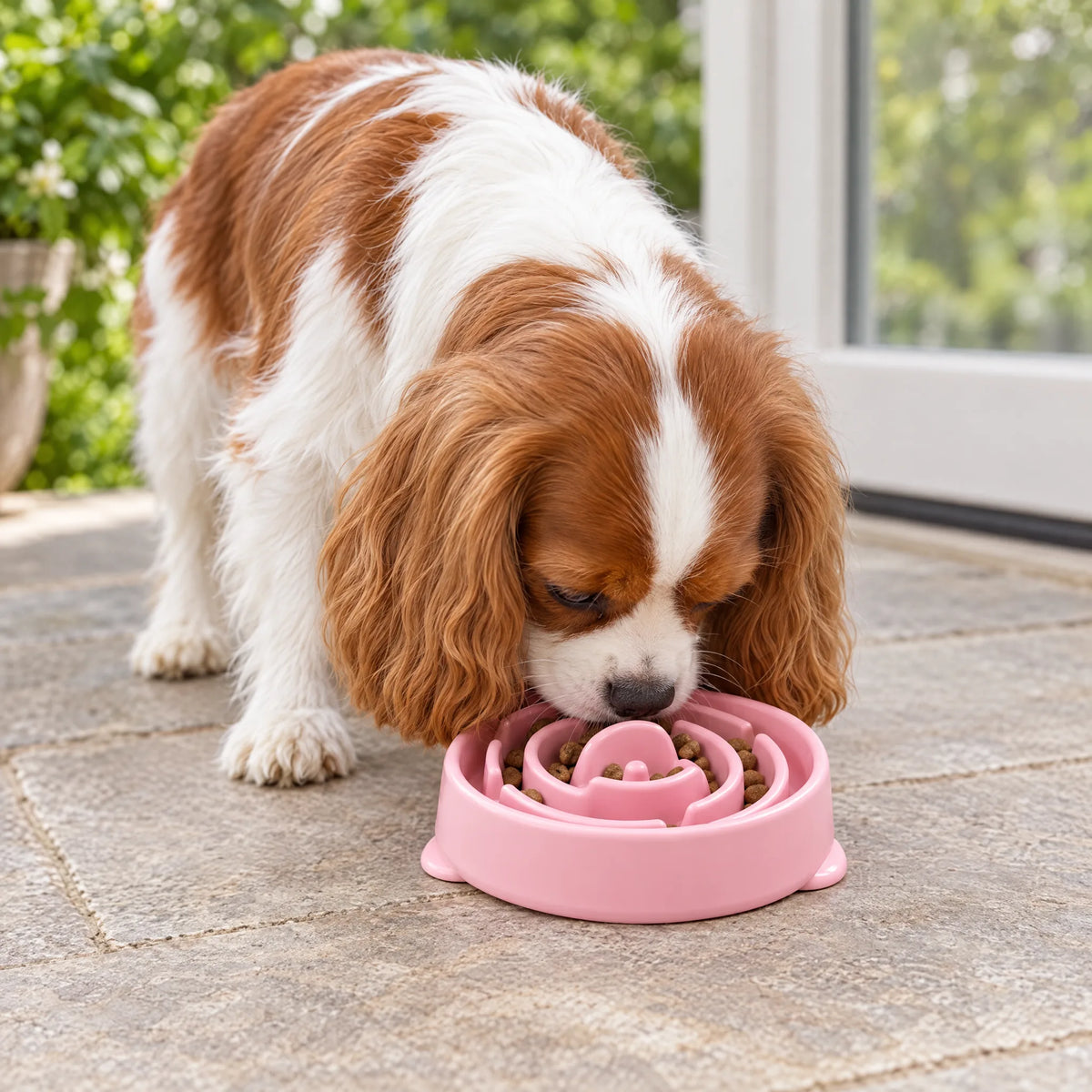 Cavalier King Charles mangia dalla ciotola anti-ingozzamento rosa in veranda