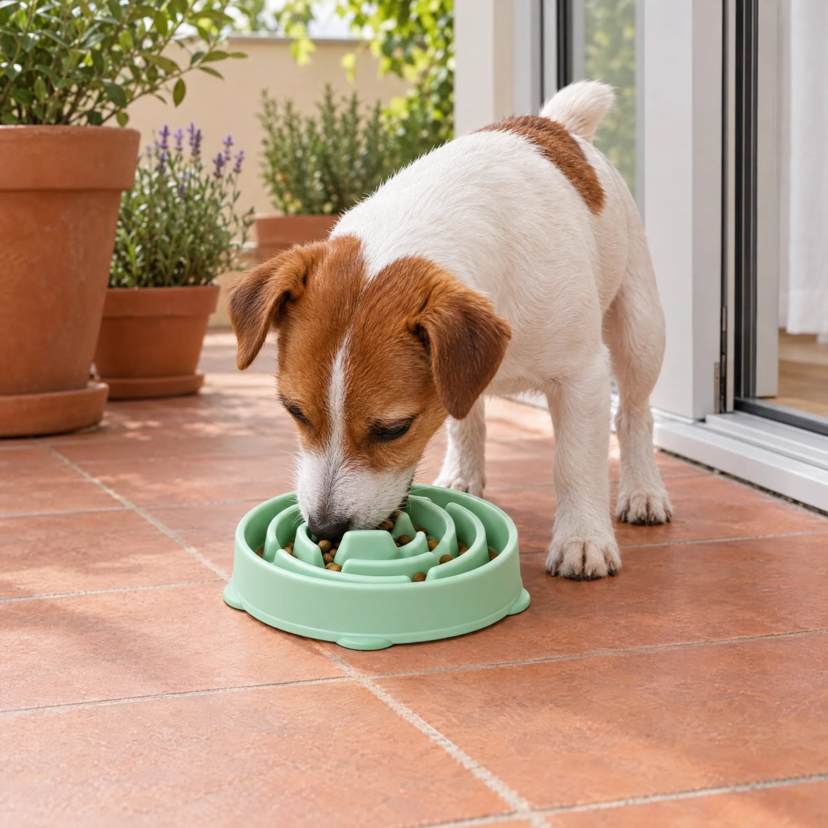 Jack Russell mangia dalla ciotola anti-ingozzamento verde menta sul balcone