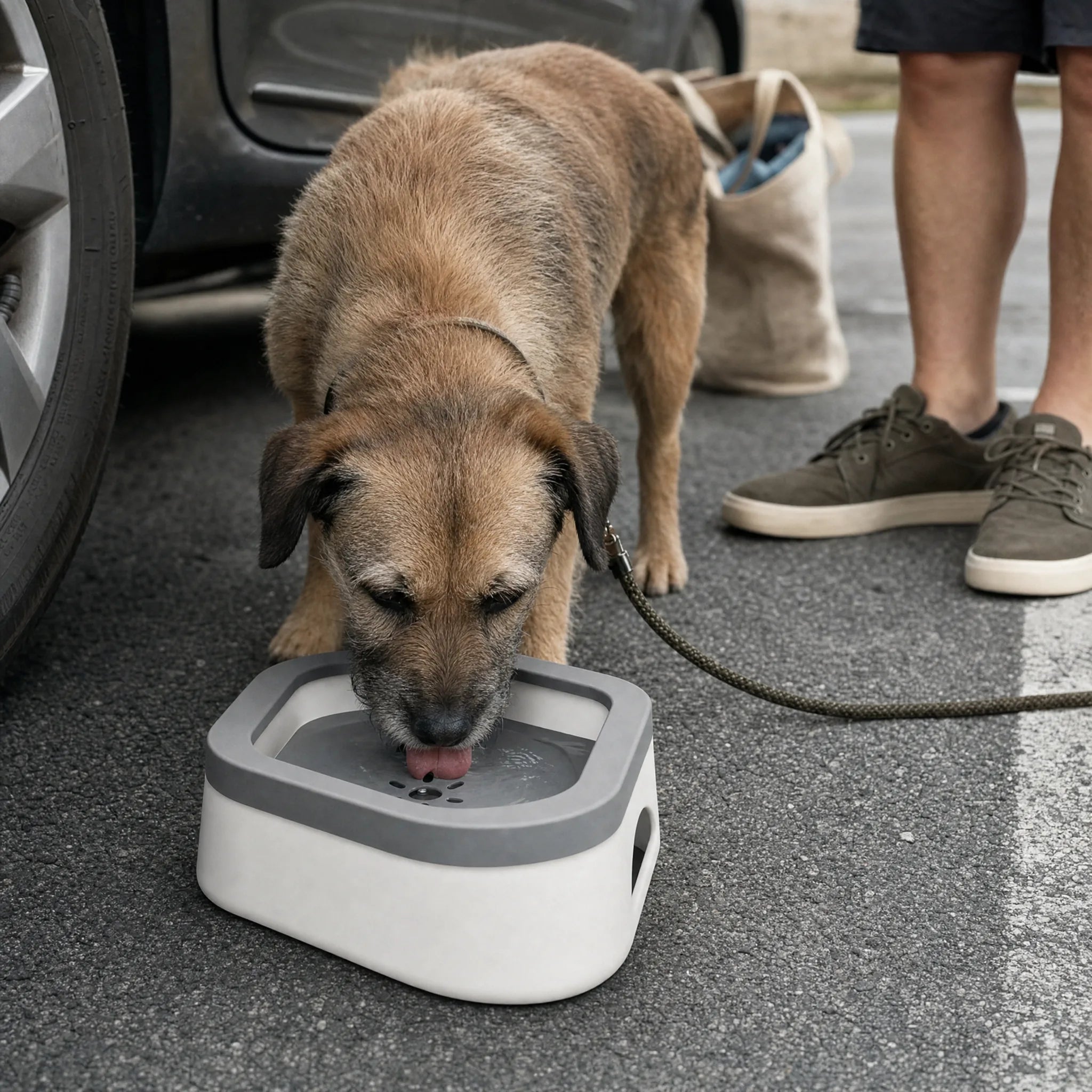 Cane beve dalla ciotola antiribaltamento vicino all'auto in un'area di sosta