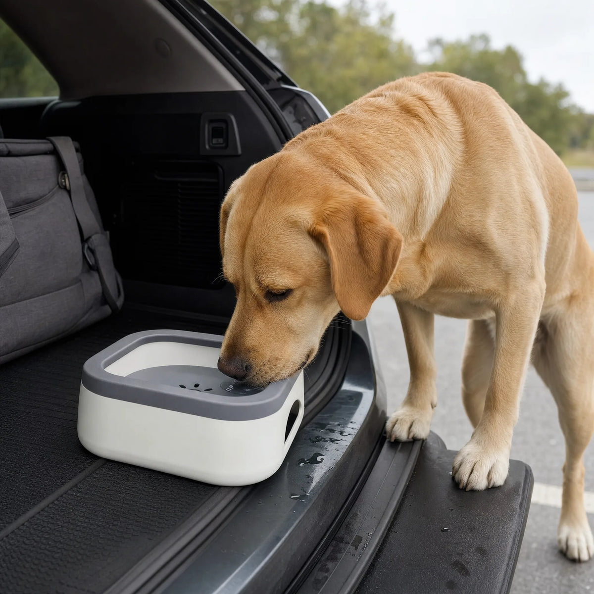 Labrador beve dalla ciotola antiribaltamento nel bagagliaio dell'auto durante una sosta in viaggio