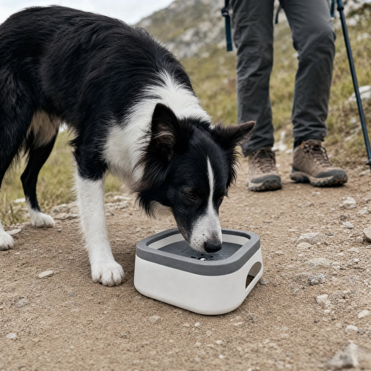 Border collie beve dalla ciotola antiribaltamento su un sentiero di montagna durante un'escursione