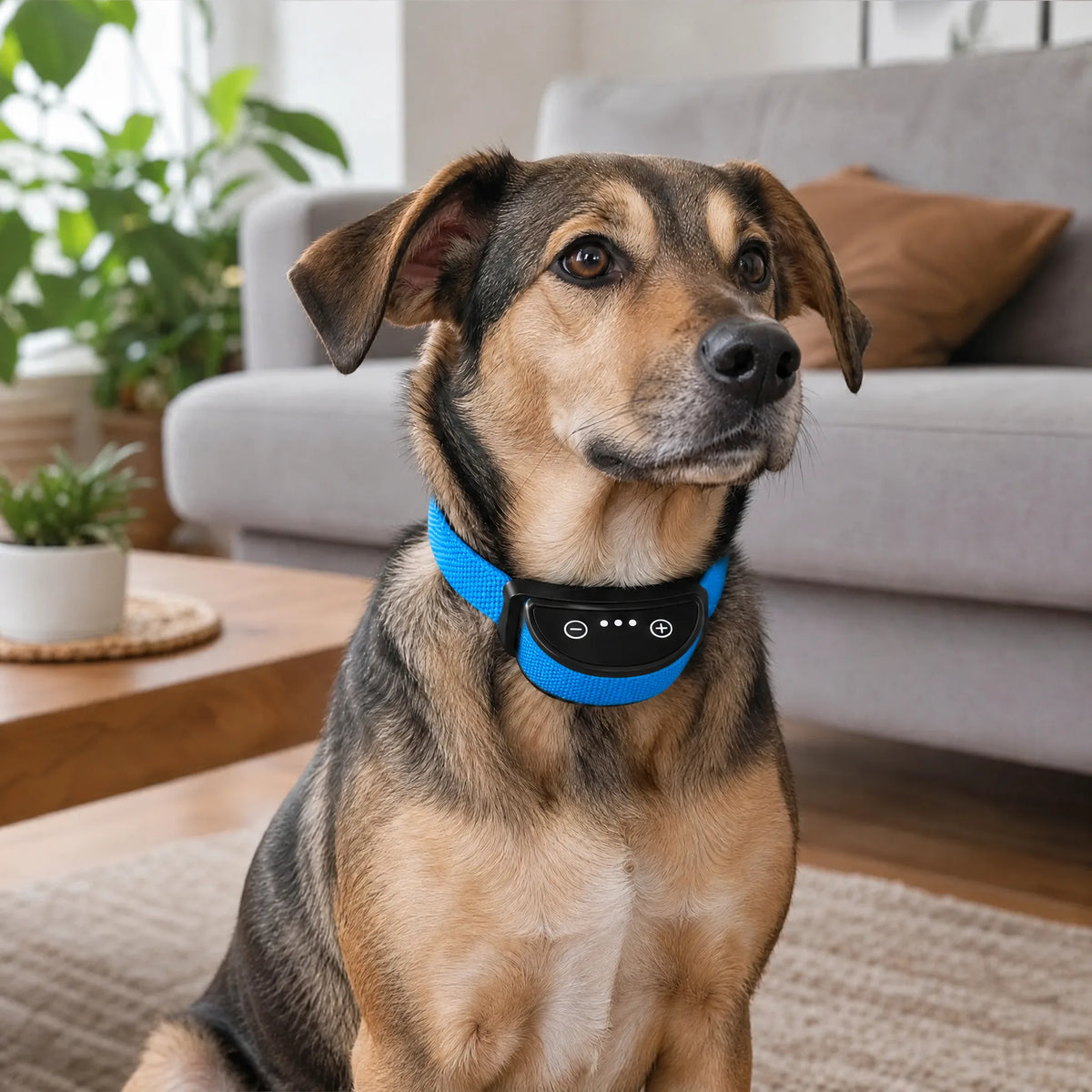 Cane in corridoio con collare antiabbaio blu a vibrazione