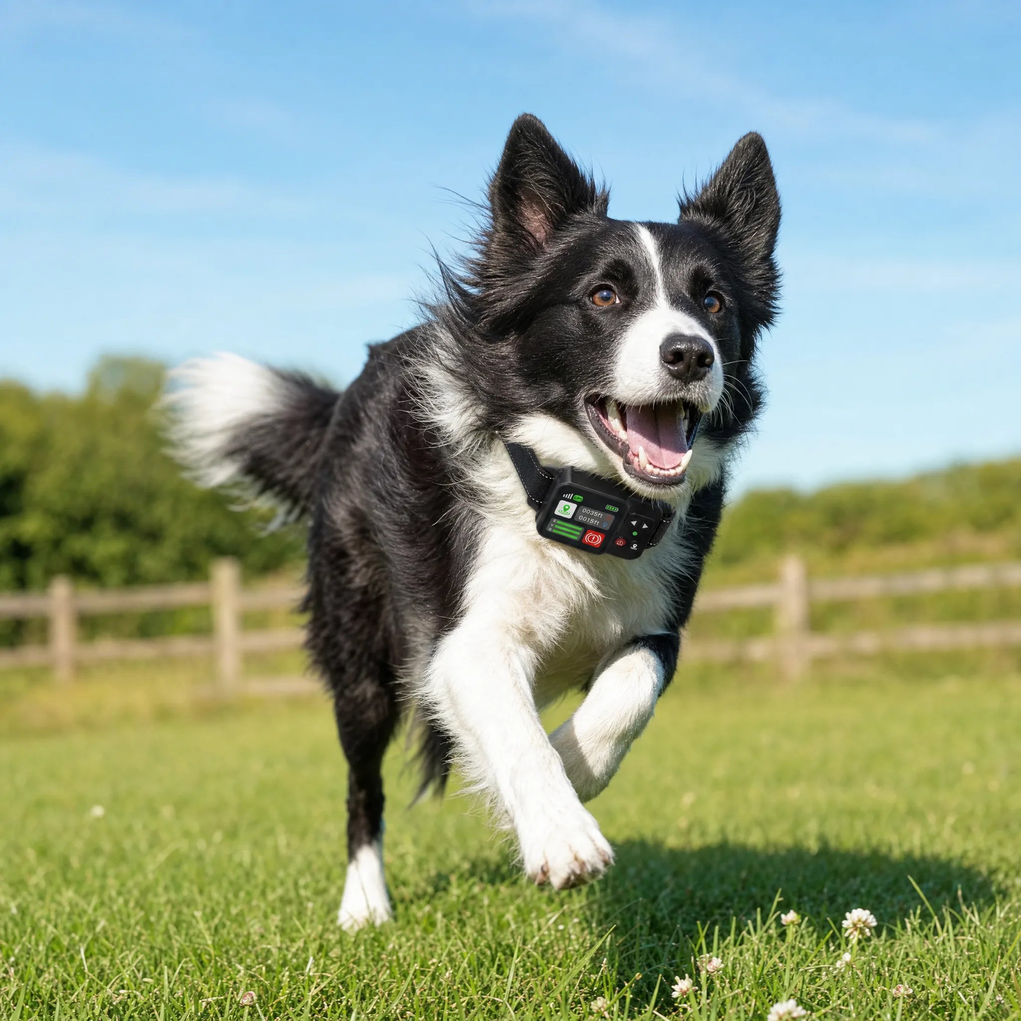 Border collie che corre felice nel prato indossando il collare GPS