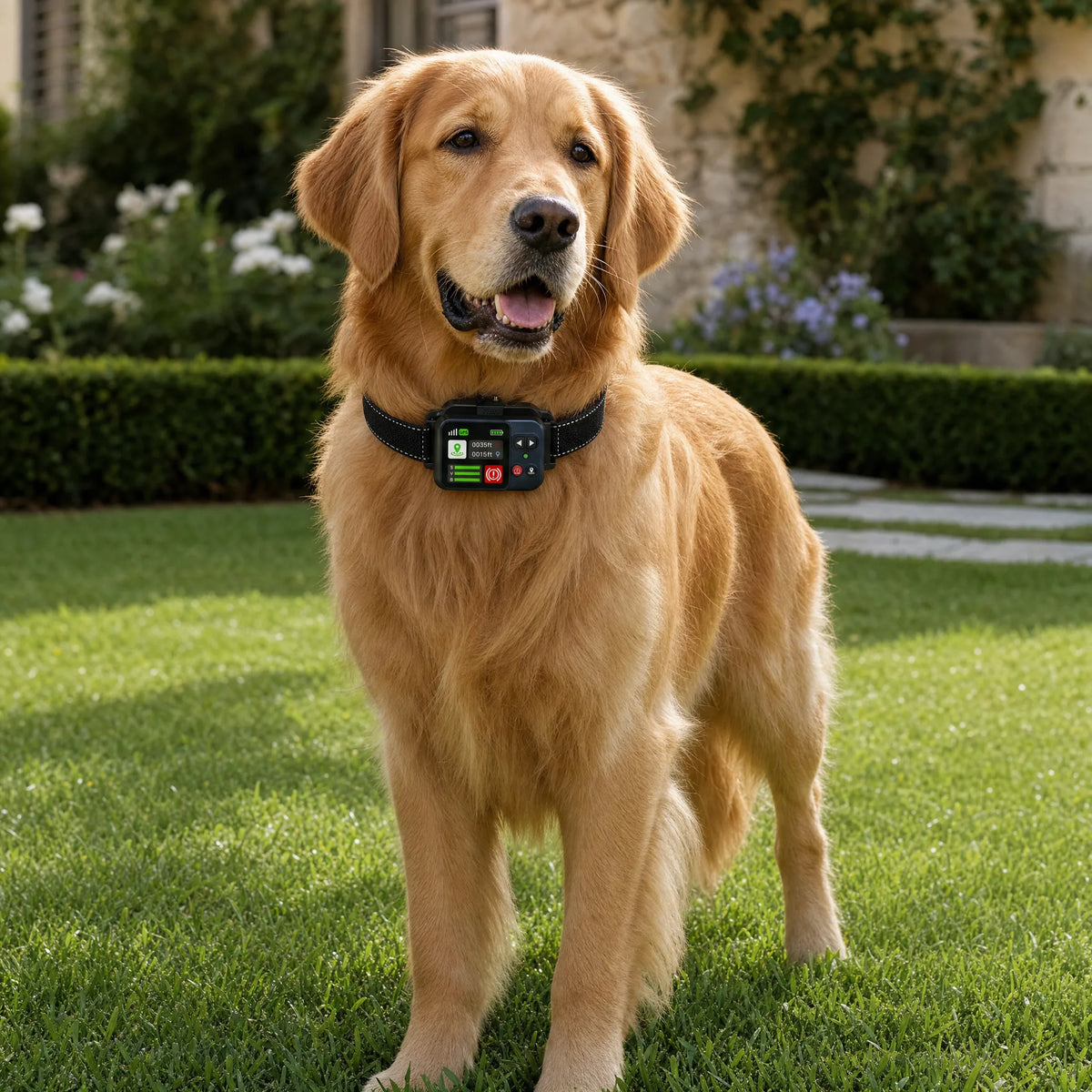 Golden retriever sereno in giardino con collare GPS per cani Felici Insieme