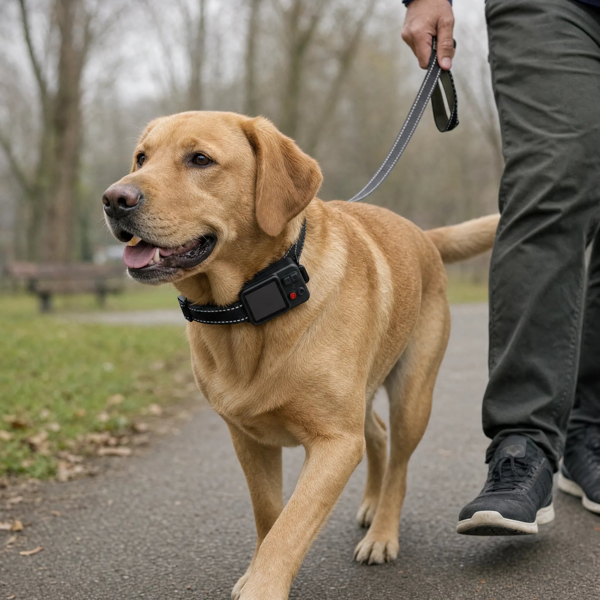 Labrador che passeggia al parco con il collare GPS Felici Insieme, schermo spento