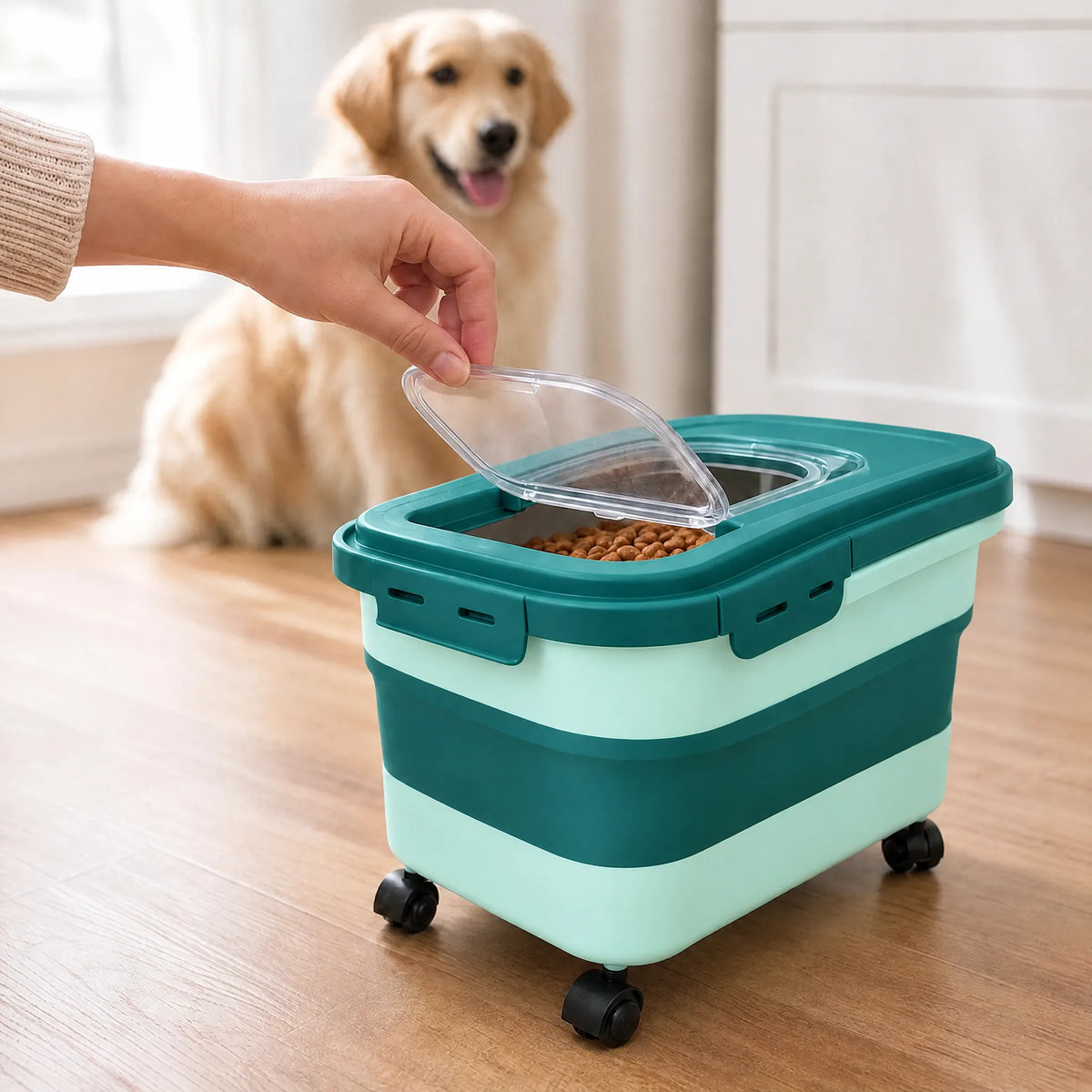 Contenitore pieghevole verde per crocchette in cucina con cane che aspetta
