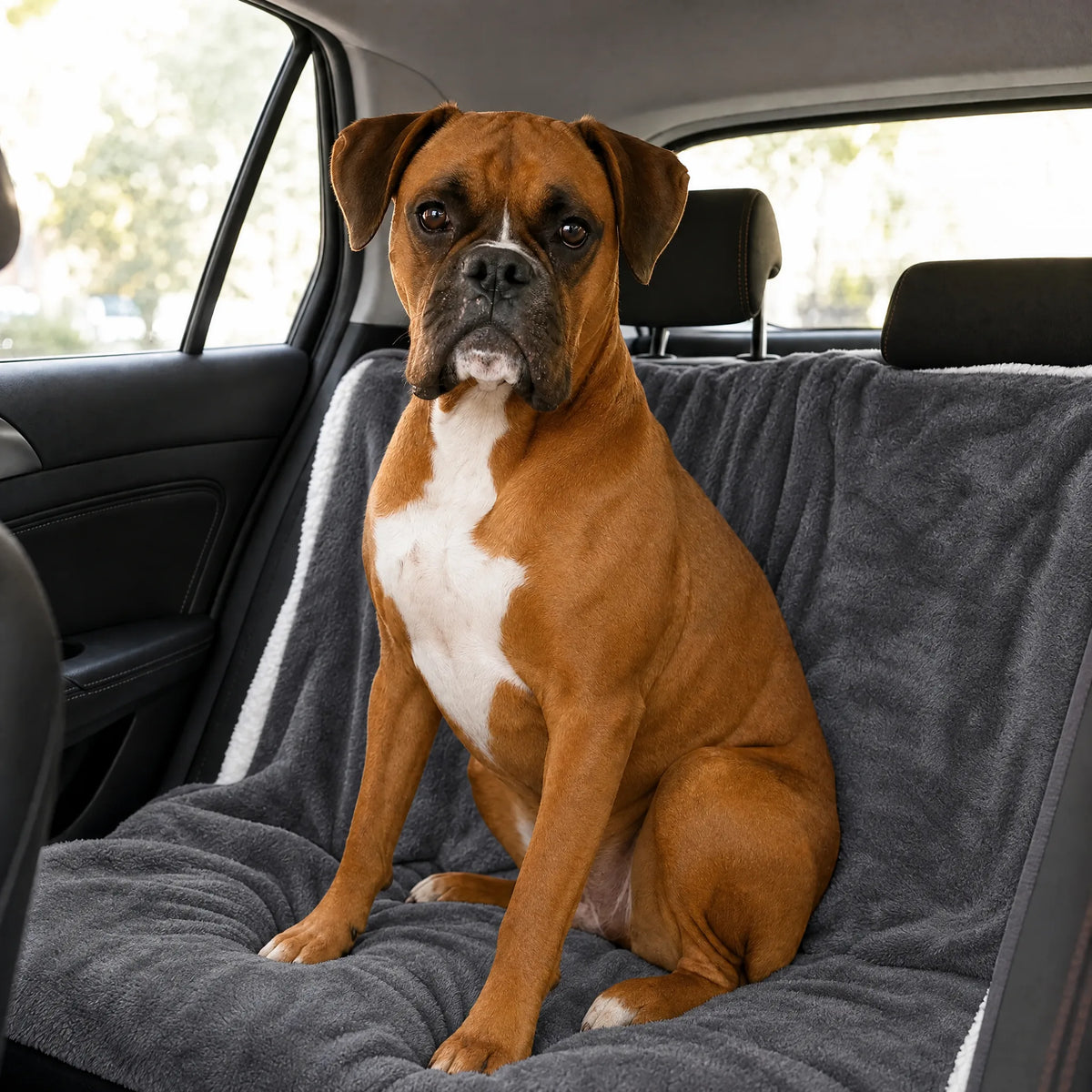 Cane seduto in auto sulla copertina in pile grigio scuro e bianco