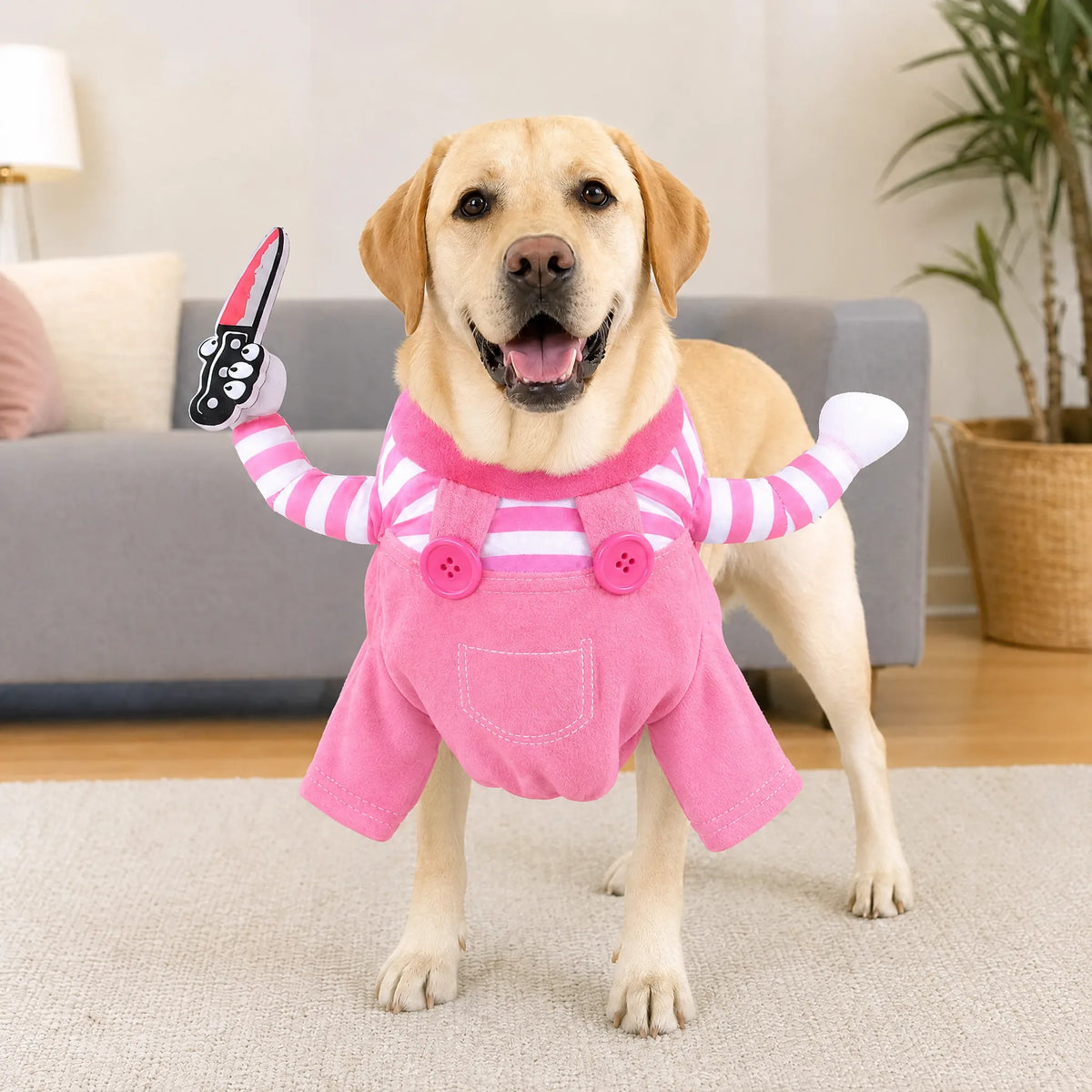 Labrador in salotto con il costume di Halloween a salopette rosa e coltello finto