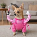 Chihuahua in casa con costume di Halloween a salopette rosa