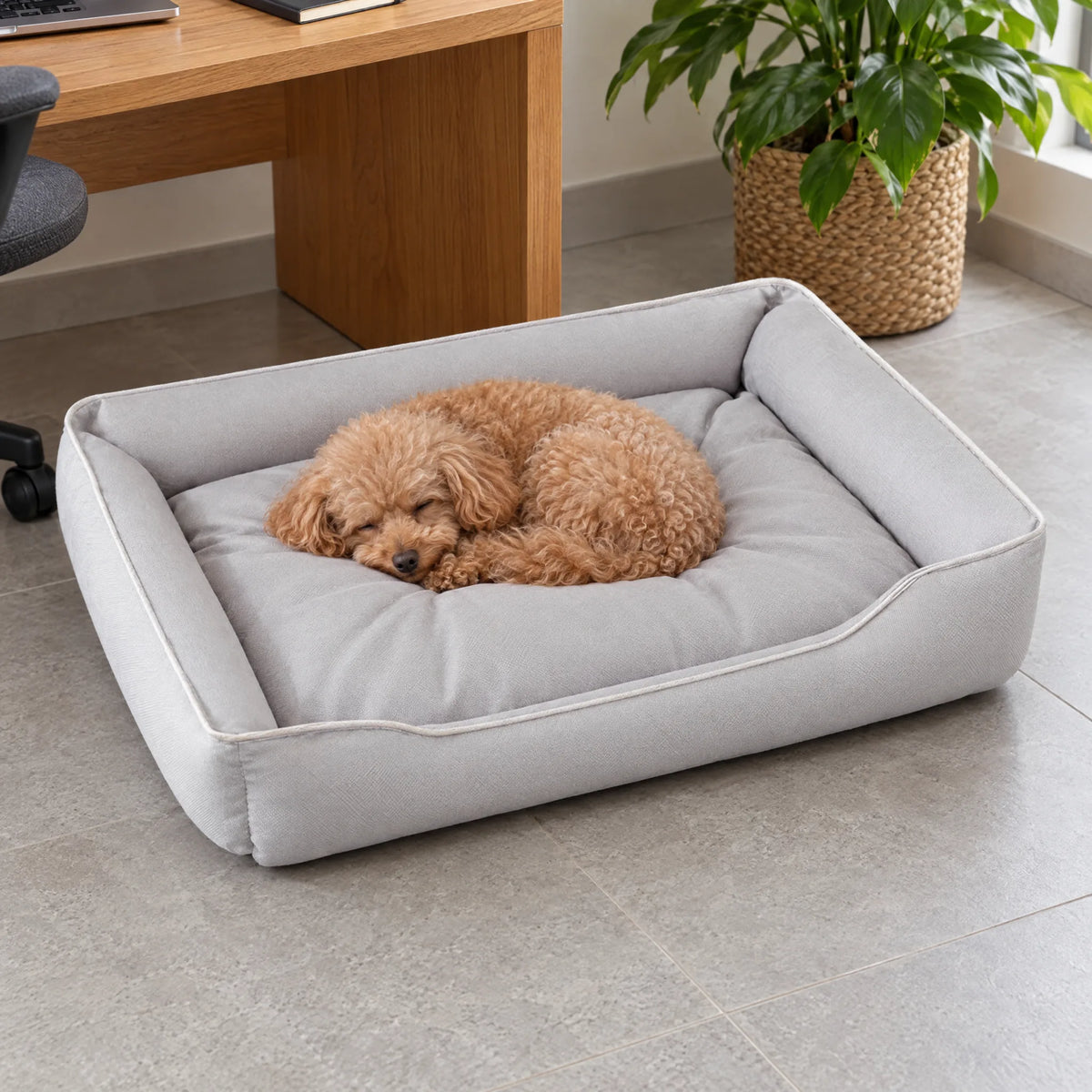 Barboncino toy color albicocca che dorme nella cuccia per cani grigia, nell'angolo di uno studio