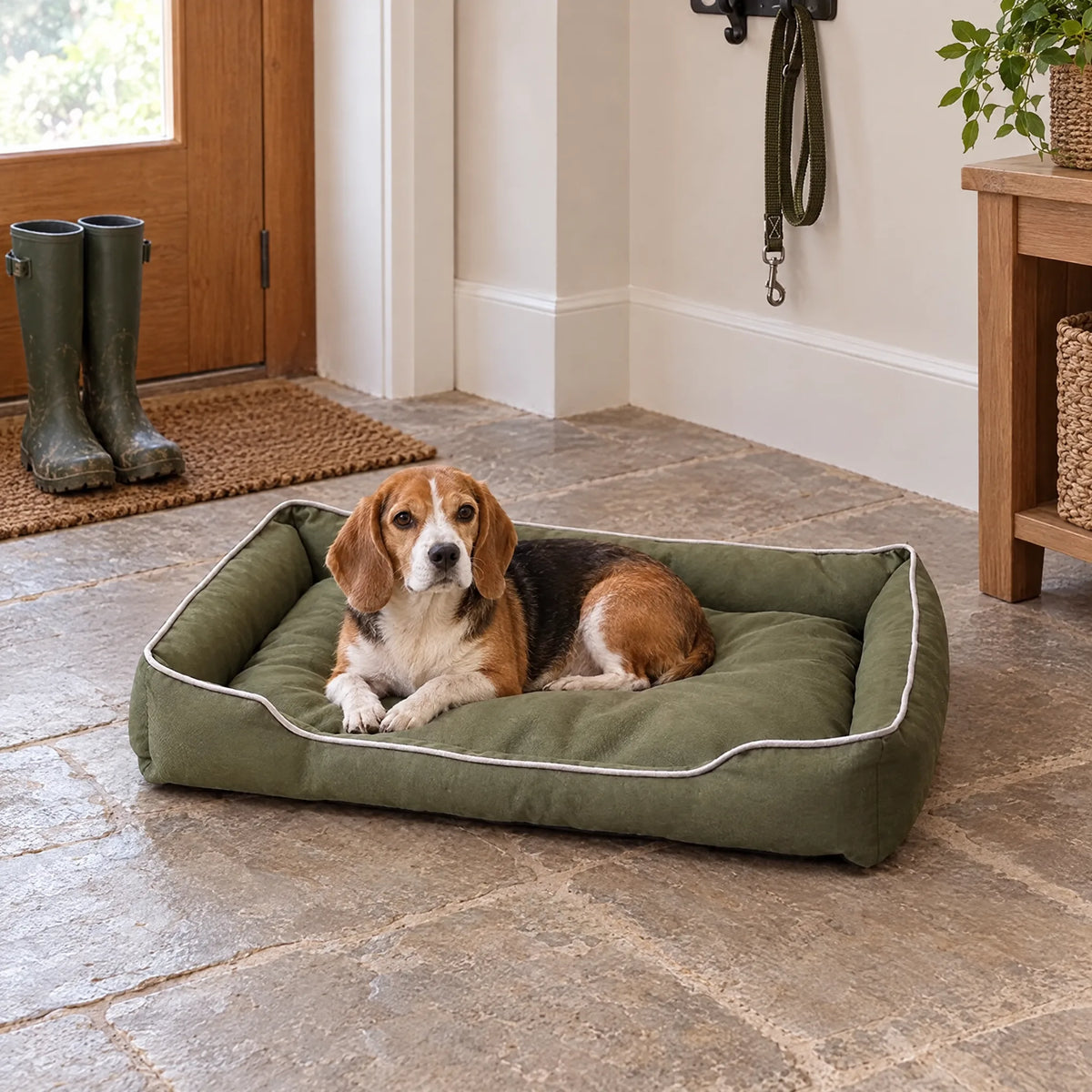 Beagle sdraiato nella cuccia per cani verde oliva nell'ingresso, al rientro dalla passeggiata