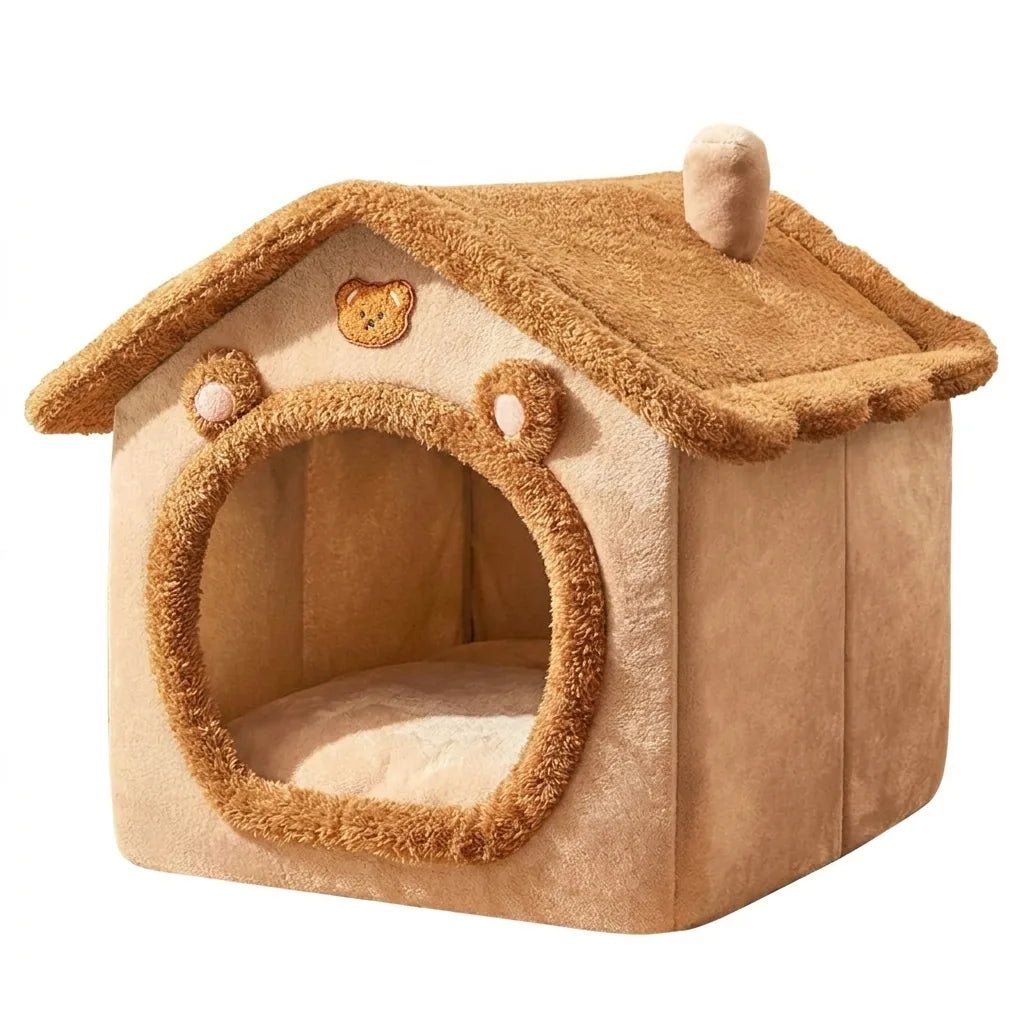 Cuccia a casetta per cani da interno in peluche morbida, colore giallo/beige
