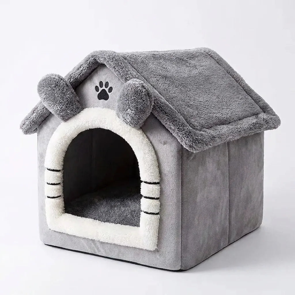 Cuccia a casetta per cani da interno in peluche morbida, colore grigio