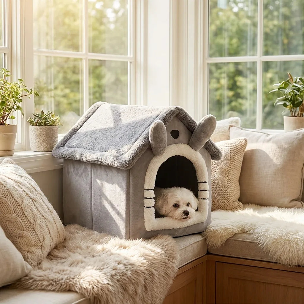 Cane che si affaccia dalla cuccia a casetta peluche vicino alla finestra
