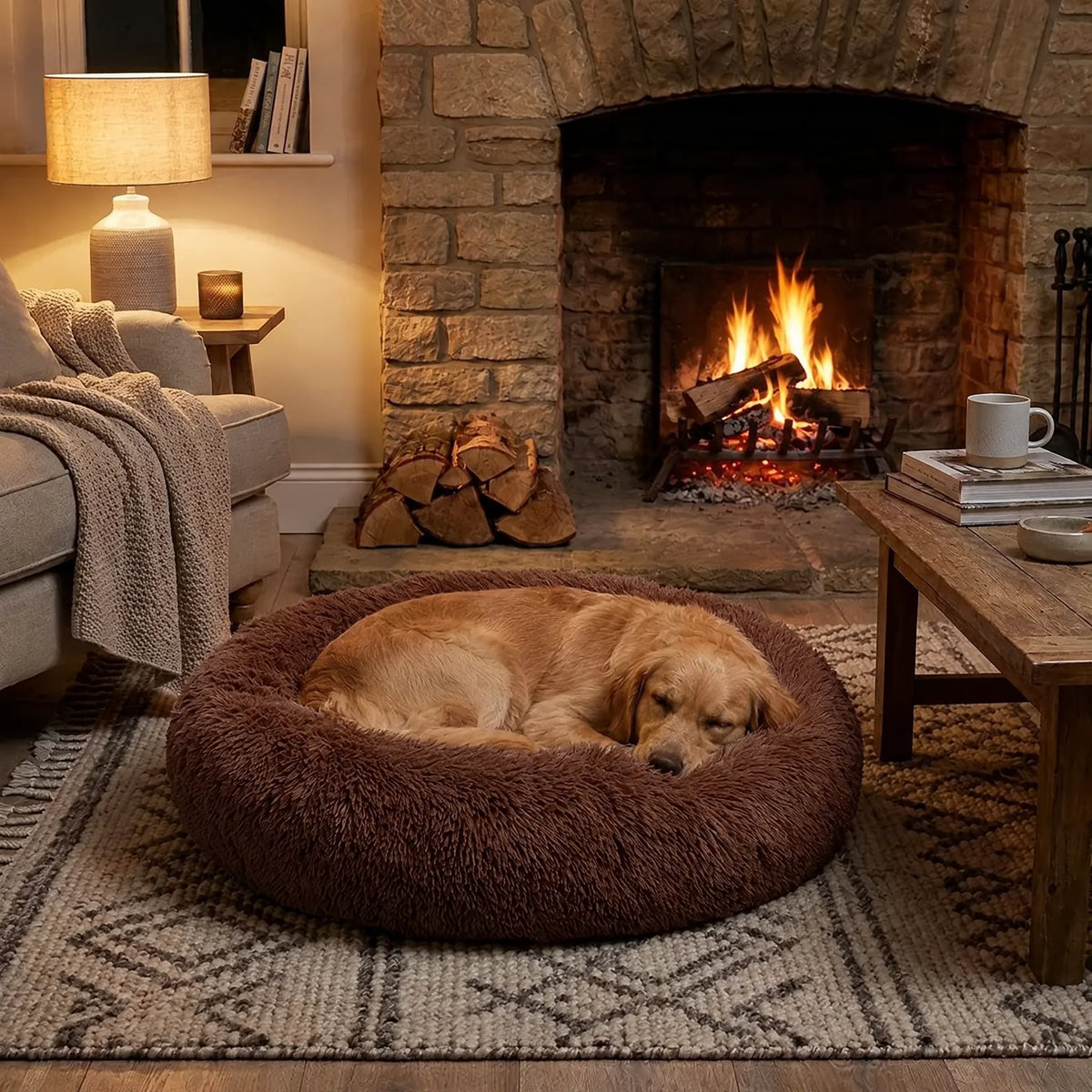 Cane che dorme nella cuccia a ciambella marrone davanti al camino
