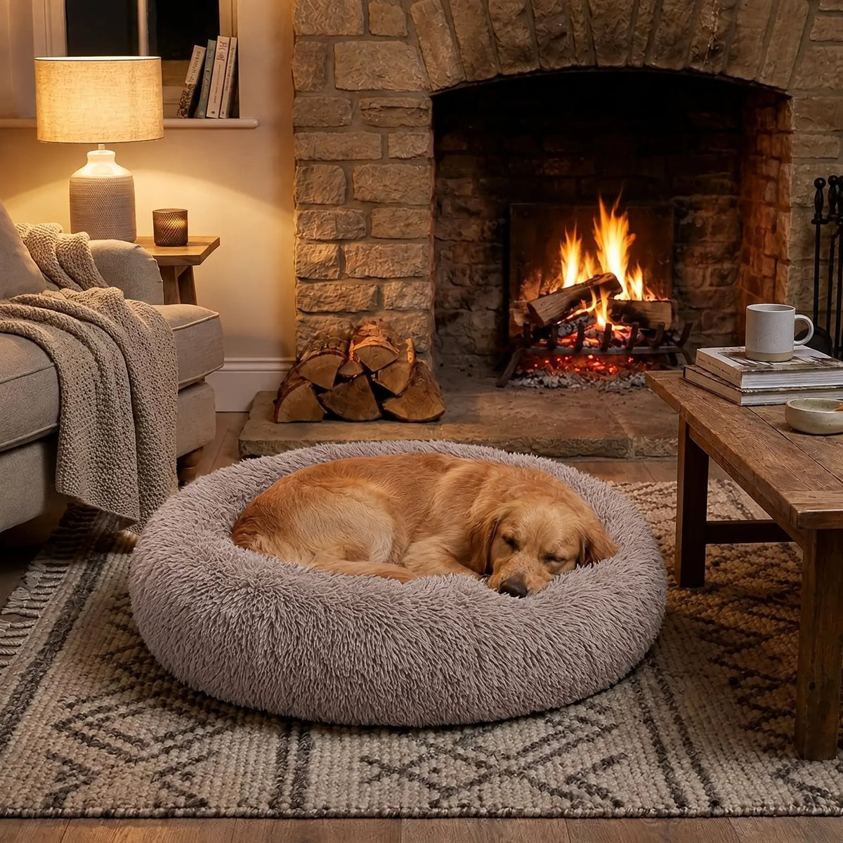 Cane che dorme nella cuccia a ciambella tortora davanti al camino