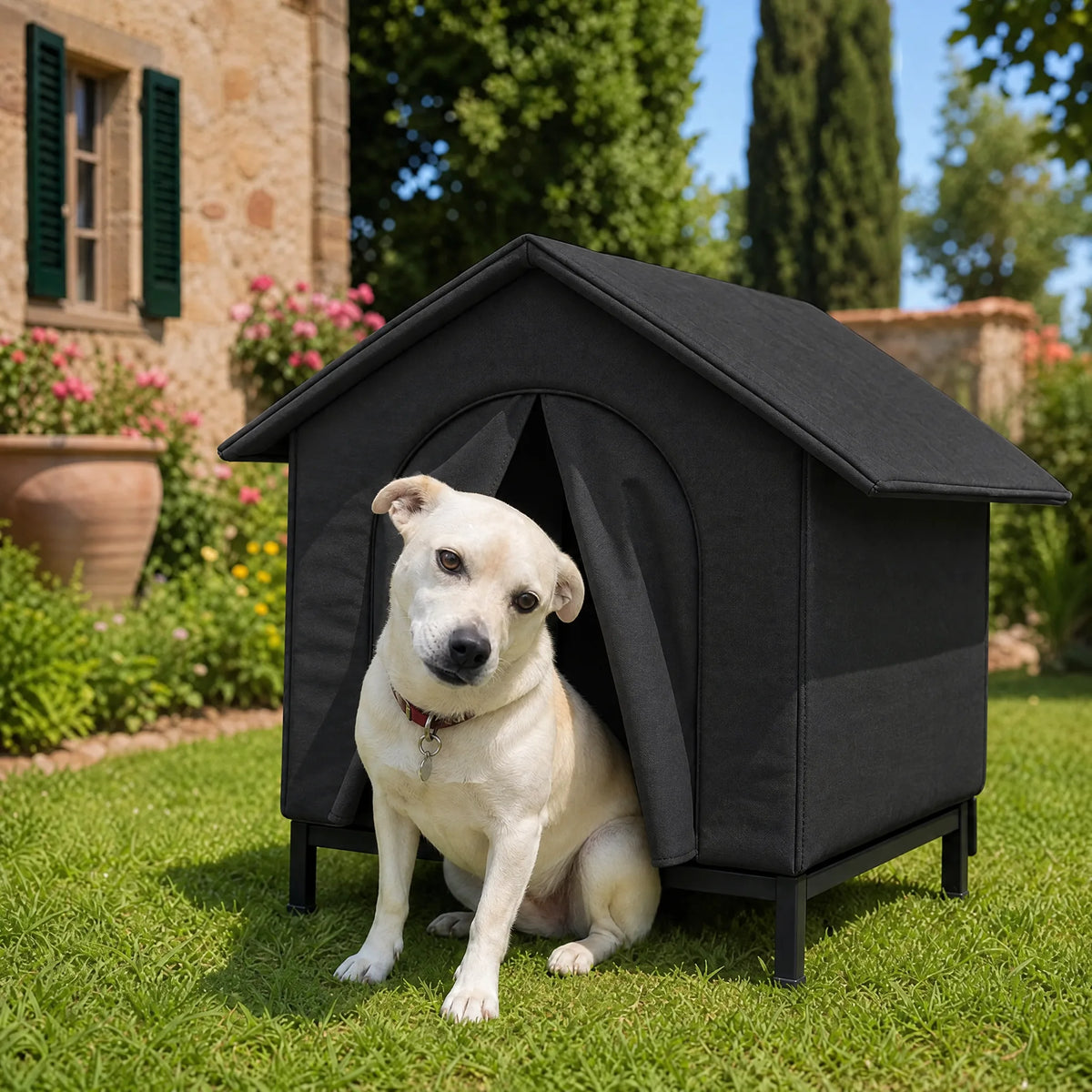 Cane seduto all'ingresso della cuccia da esterno coibentata nera in giardino