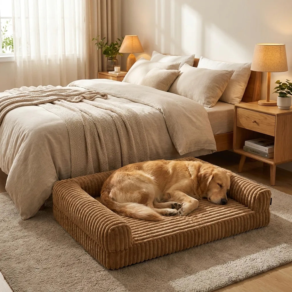 Cuccia ortopedica per cani grandi in camera da letto accanto al letto