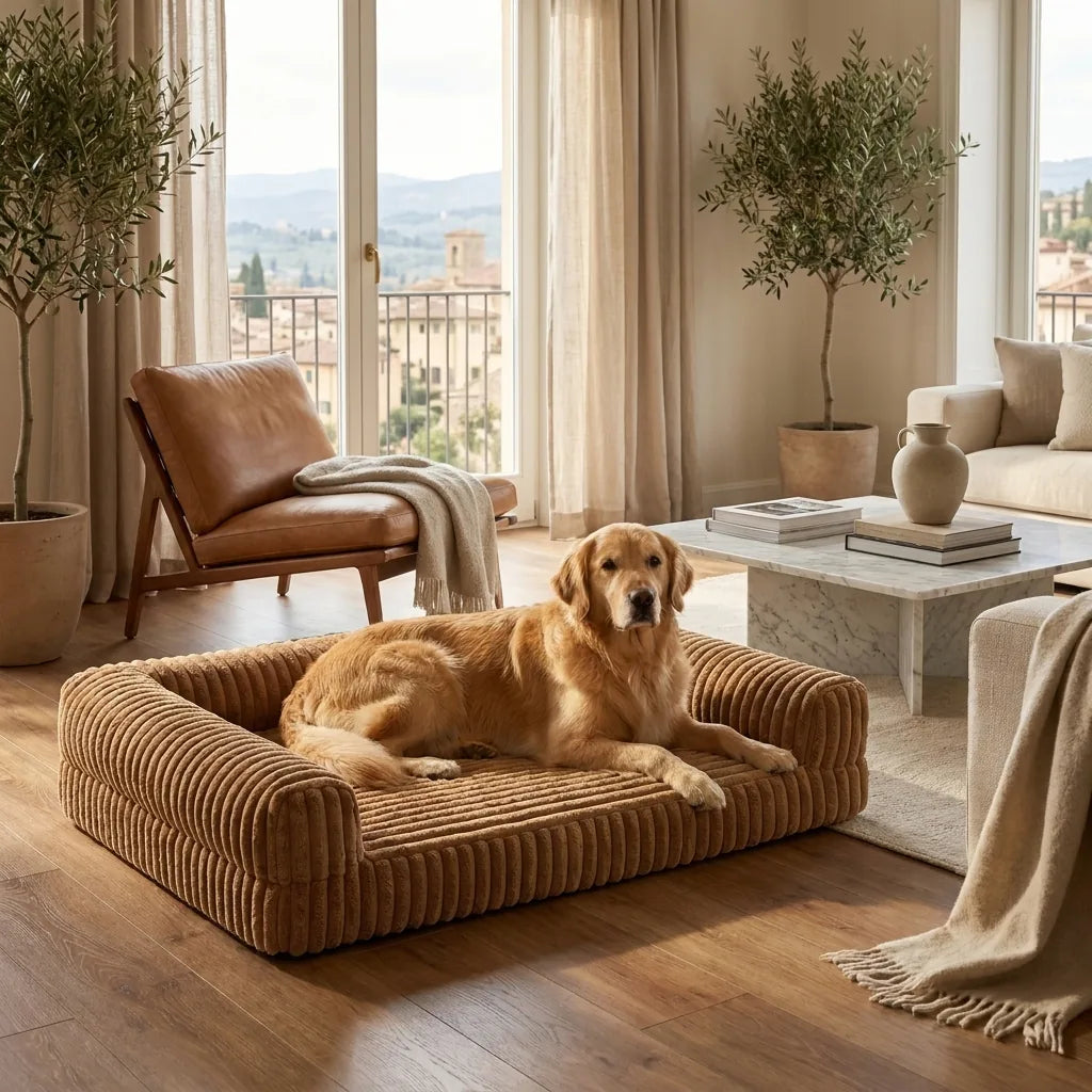 Cuccia ortopedica per cani grandi in un salotto luminoso con golden retriever