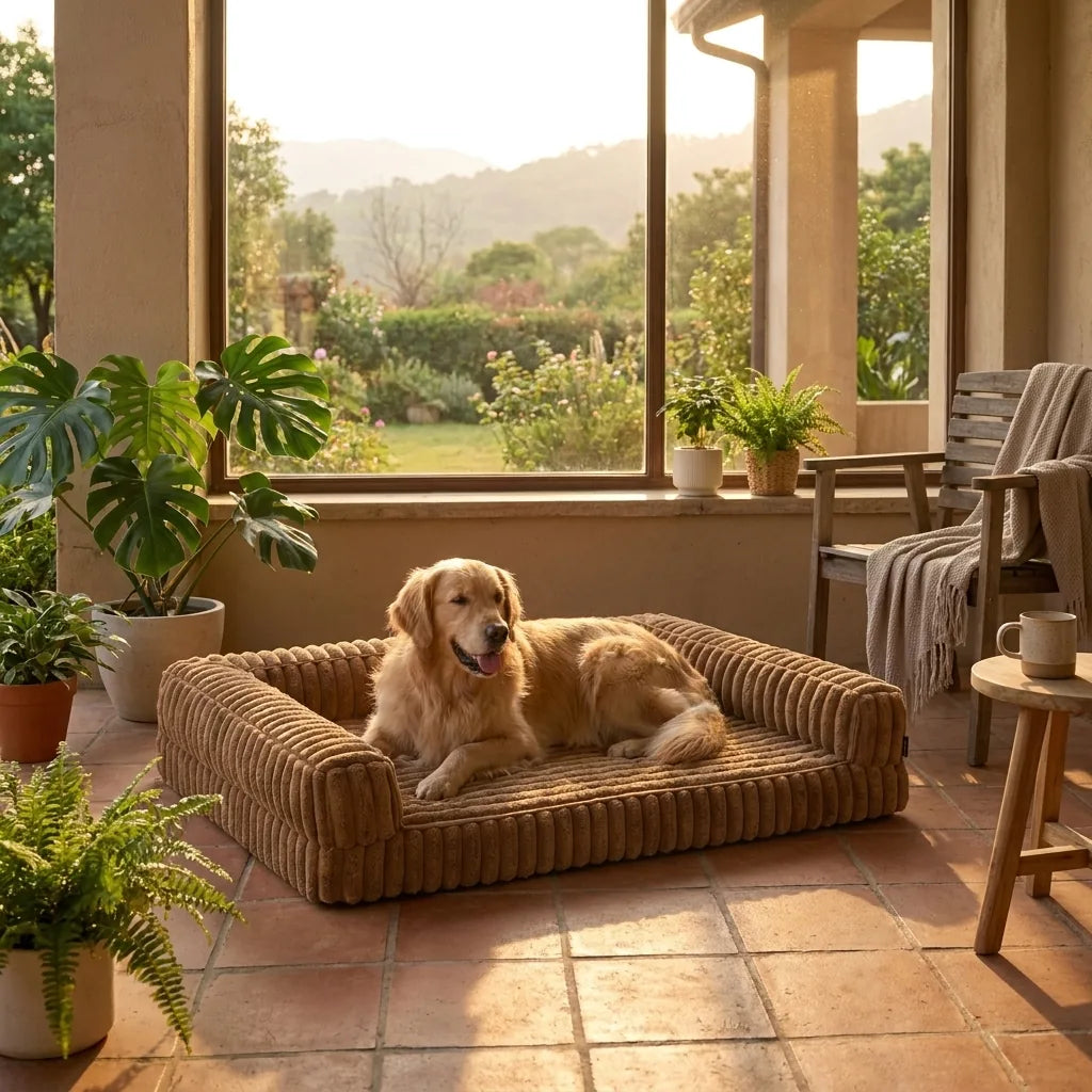 Cuccia ortopedica per cani grandi su una terrazza al tramonto