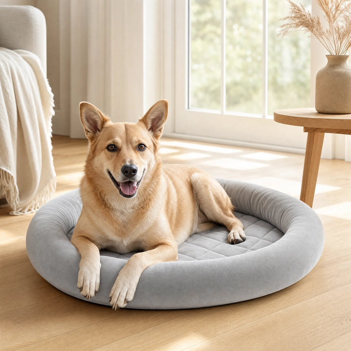 Cuccia in velluto grigio con cane vicino alla finestra