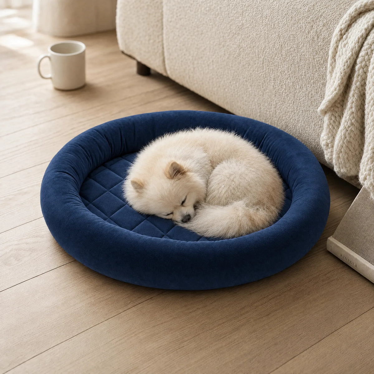 Cane acciambellato nella cuccia in velluto blu notte accanto al divano