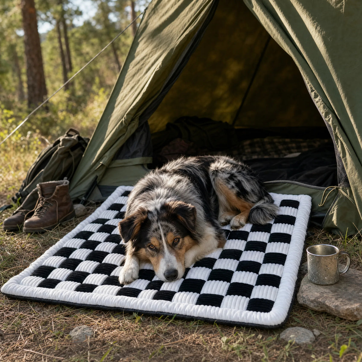 Cane disteso sulla cuccia da viaggio SoftCore Travel fuori dalla tenda in campeggio