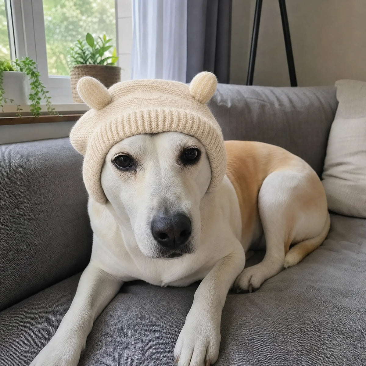 Cane rilassato sul divano con cuffia antirumore in maglia beige