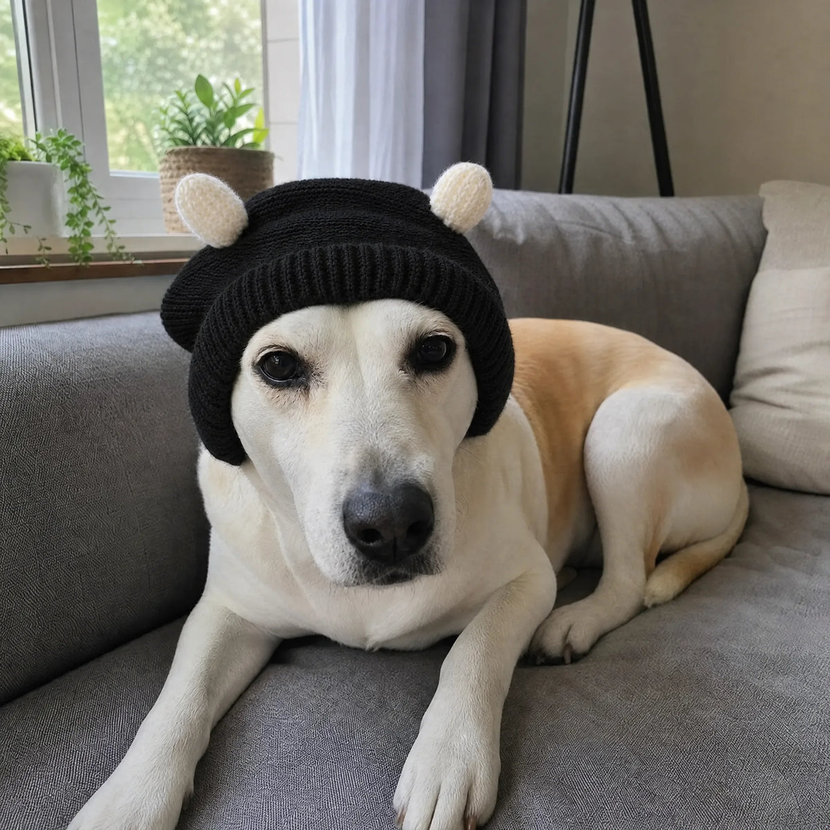 Cane rilassato sul divano con cuffia antirumore in maglia nero