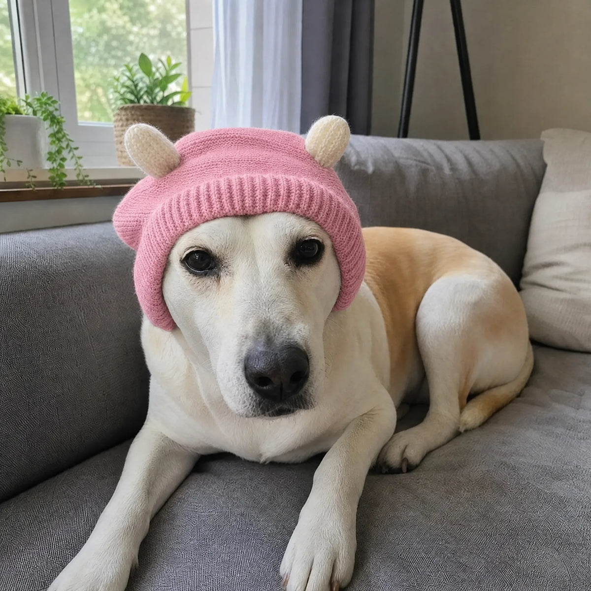 Cane rilassato sul divano con cuffia antirumore in maglia rosa