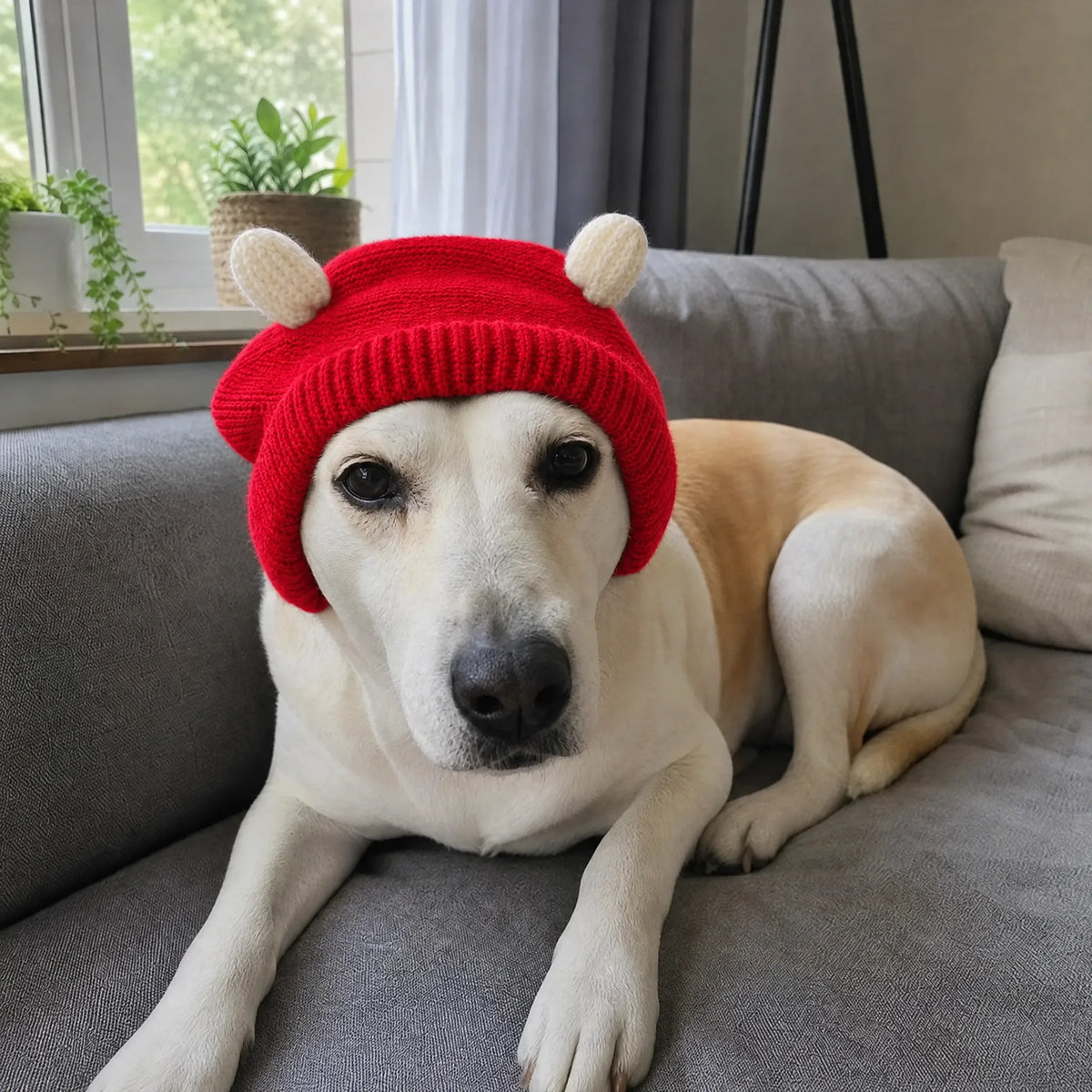 Cane rilassato sul divano con cuffia antirumore in maglia rosso