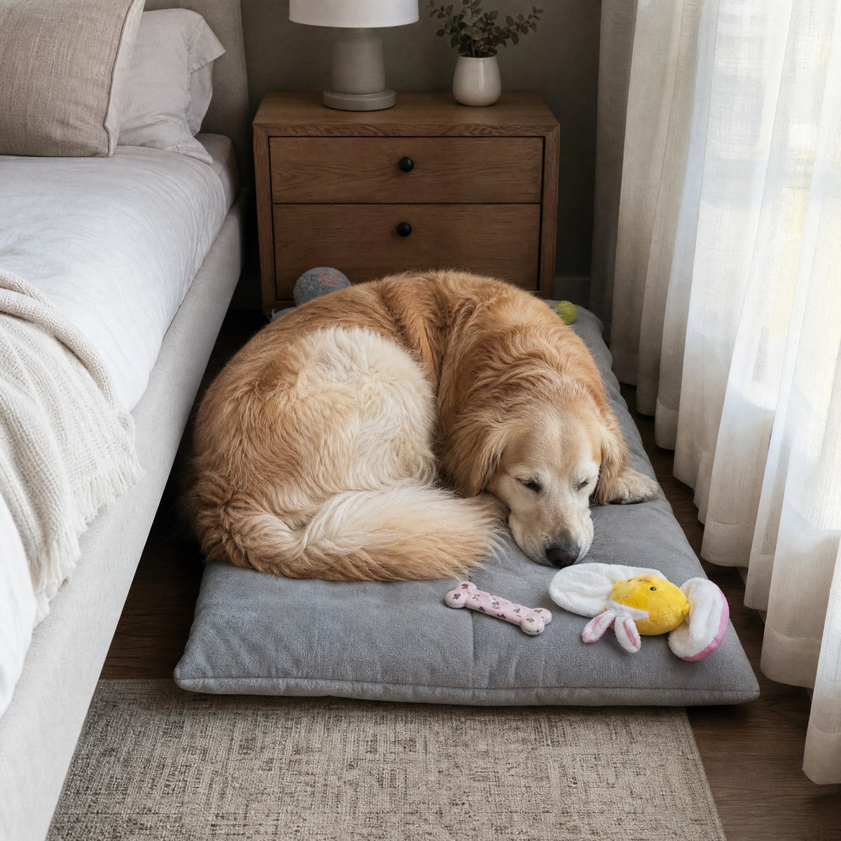 Cane accovacciato sul cuscino materassino plush grigio accanto al letto in camera