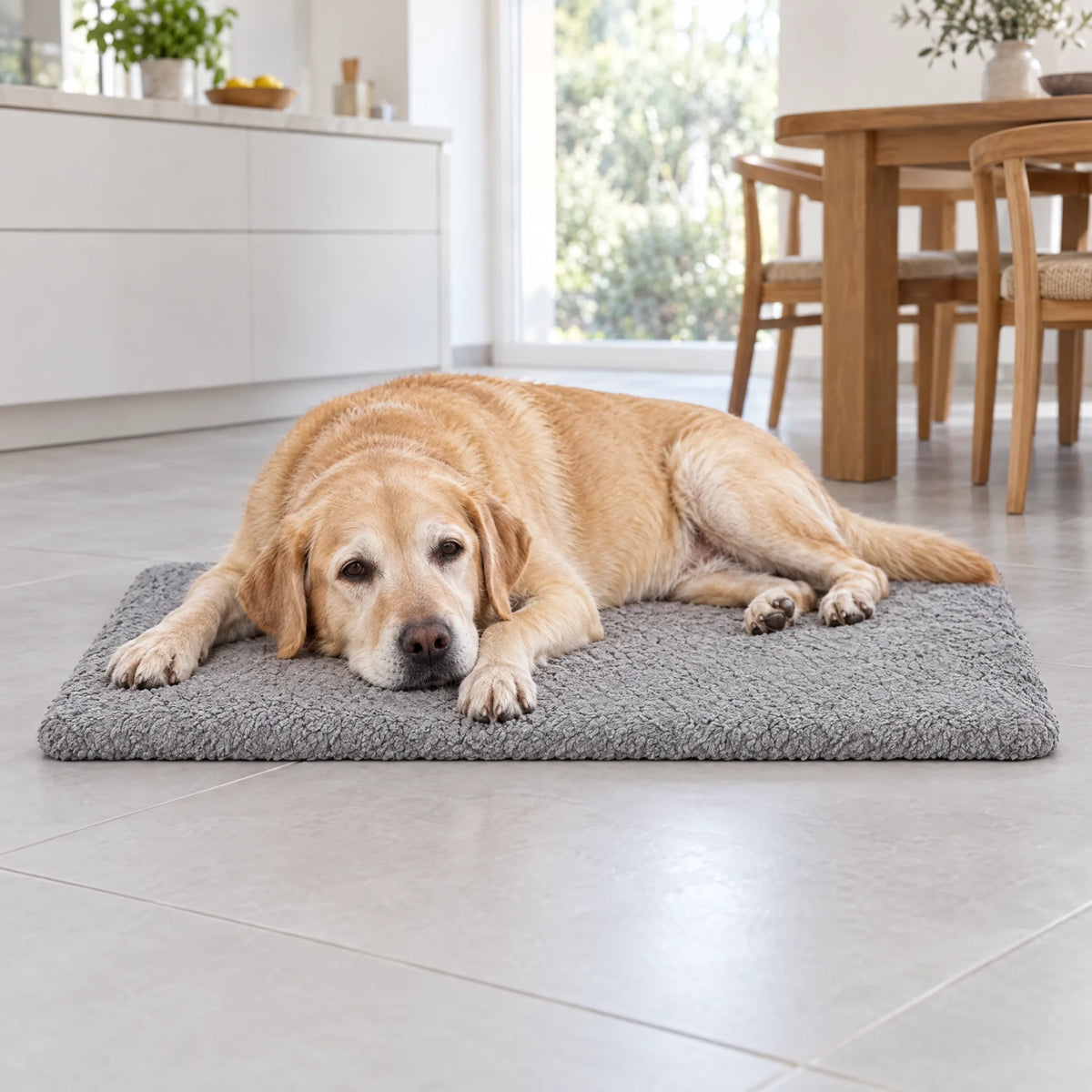Labrador anziano disteso sul cuscino ortopedico grigio chiaro sulle piastrelle della cucina