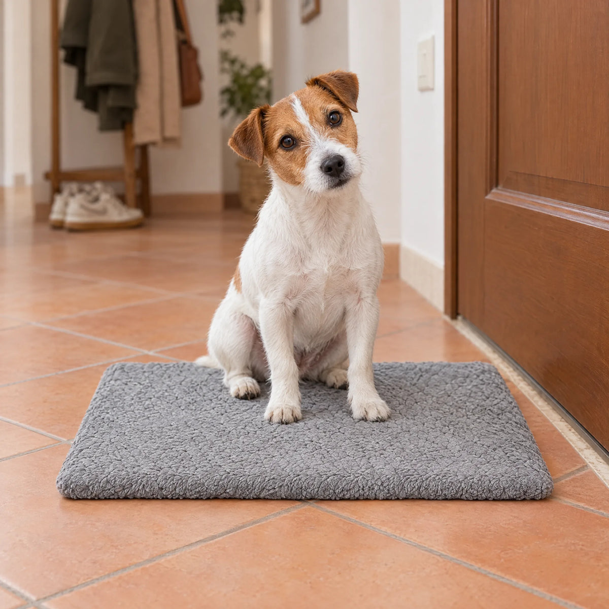 Jack Russell seduto sul cuscino per cani grigio chiaro vicino alla porta di casa