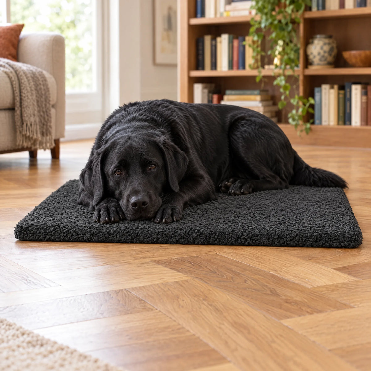 Labrador nero sdraiato sul cuscino ortopedico grigio scuro sul parquet del soggiorno