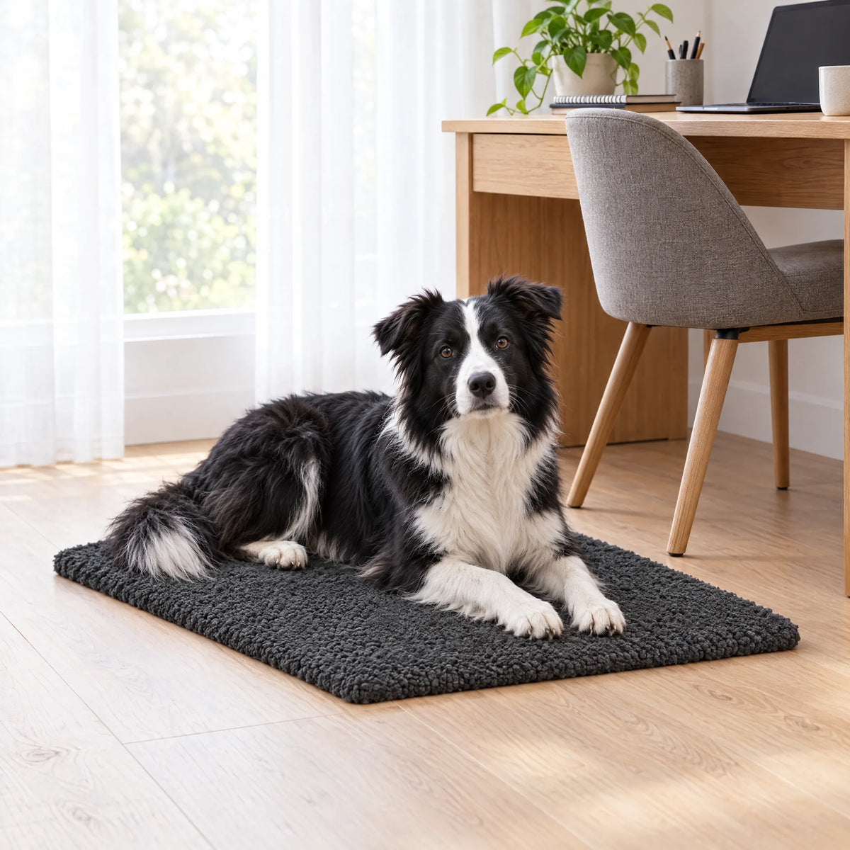 Border collie sul cuscino per cani grigio scuro accanto alla scrivania