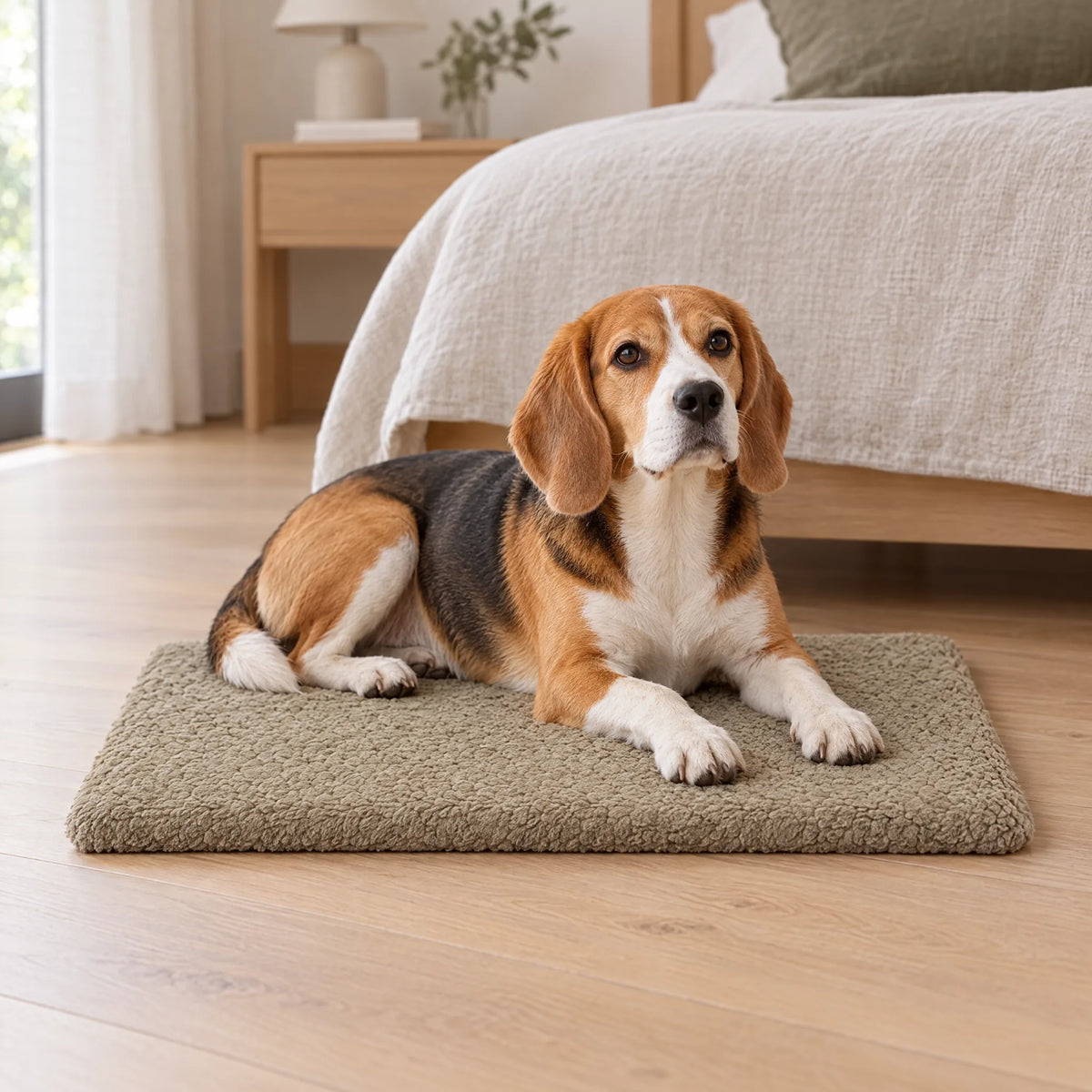 Beagle sdraiato sul cuscino ortopedico per cani kaki ai piedi del letto