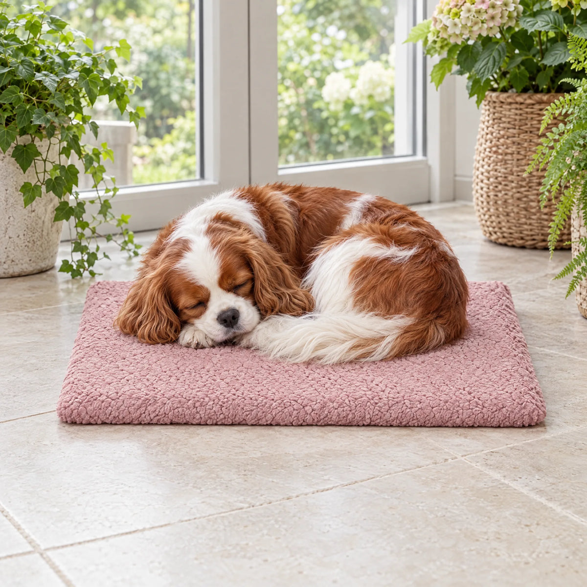 Cavalier King Charles che dorme sul cuscino per cani rosa in veranda
