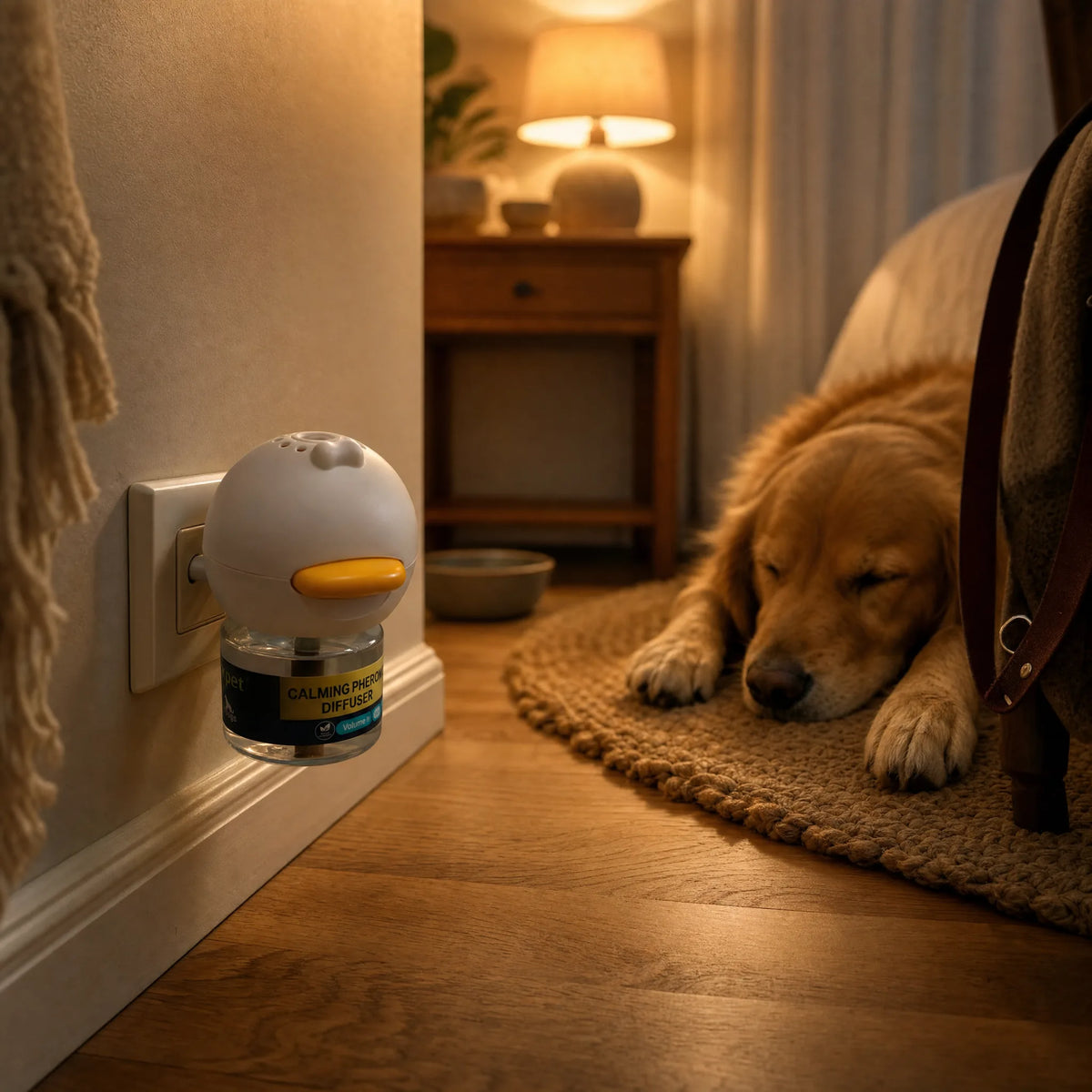 Diffusore feromoni per cani a spina in camera da letto con cane sdraiato sul tappeto
