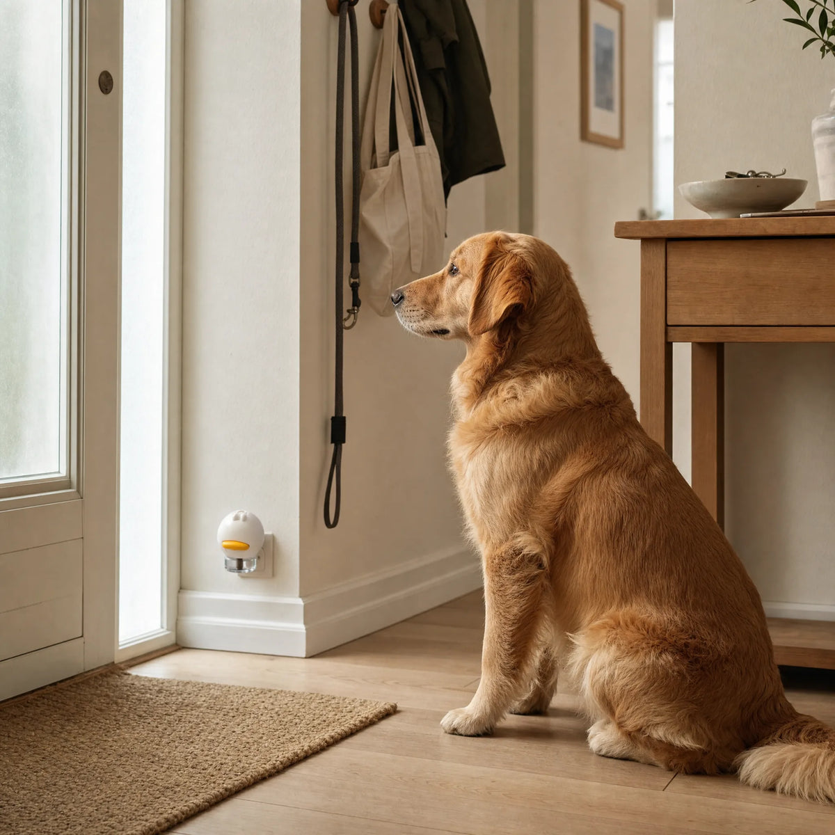 Diffusore feromoni per cani a spina vicino all’ingresso di casa con cane attento