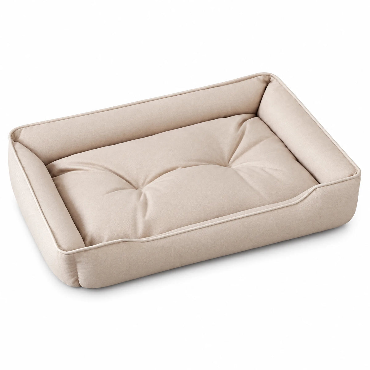 Cuccia per cani beige in tessuto Oxford 600D impermeabile, forma rettangolare con bordo imbottito e cuscino interno trapuntato, foto di prodotto su sfondo bianco