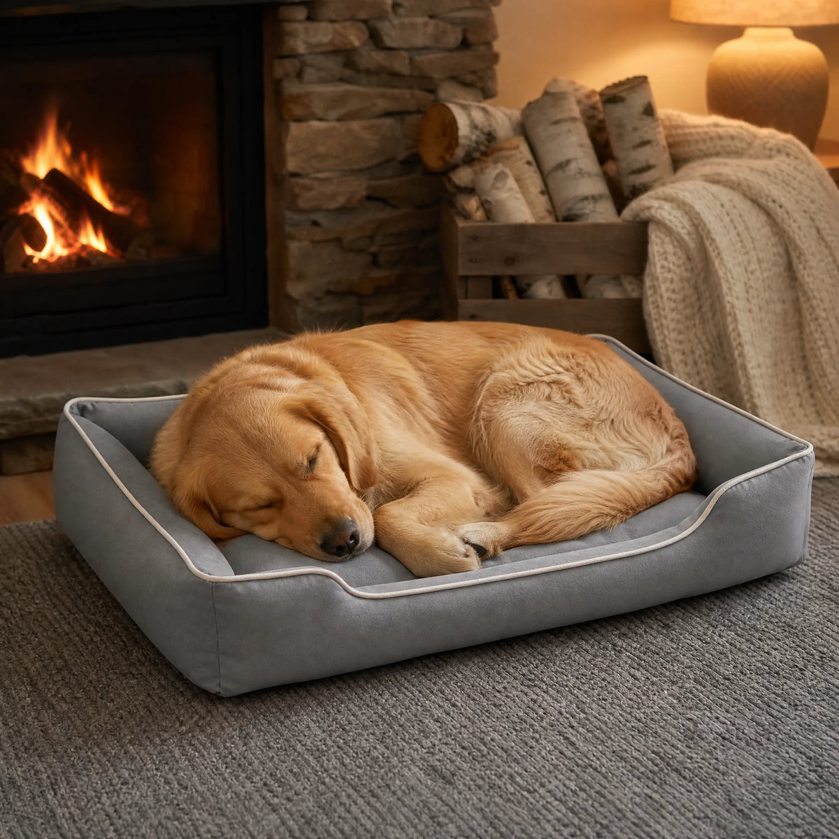 Cane addormentato sul divano cuccia vicino al camino, comfort invernale