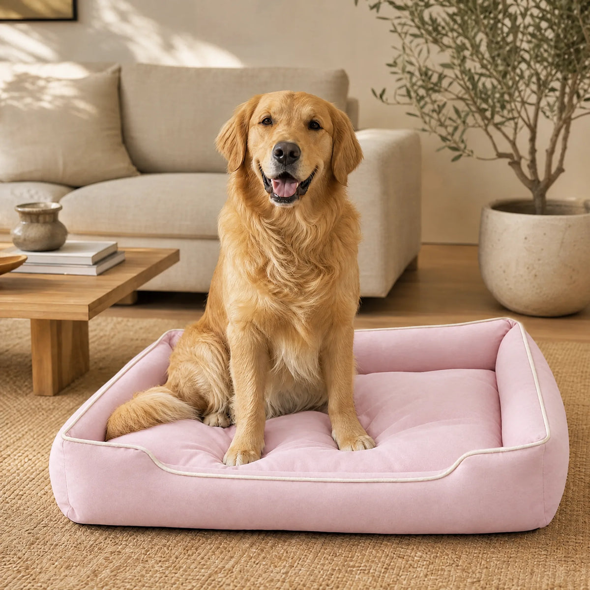Cane grande seduto sul divano cuccia rosa in un soggiorno moderno